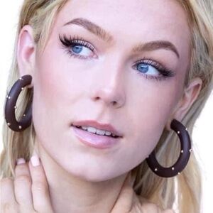 Plunder “Shania” Dark Brown Wooden Hoop Earrings with Gold Studs (NIP)